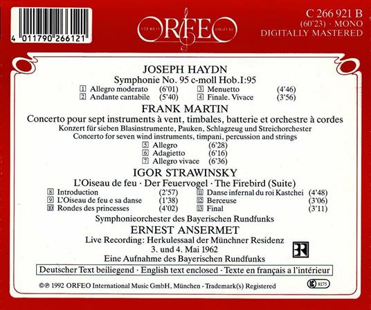 Sinfonia n.95 / Concerto / L'uccello di fuoco Suite - CD Audio di Franz Joseph Haydn,Igor Stravinsky,Frank Martin,Ernest Ansermet - 2
