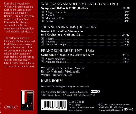 Sinfonia n.35 / Concerto per violino e violoncello op.102 / Sinfonia n.8 - CD Audio di Johannes Brahms,Wolfgang Amadeus Mozart,Franz Schubert,Karl Böhm,Wiener Philharmoniker - 2