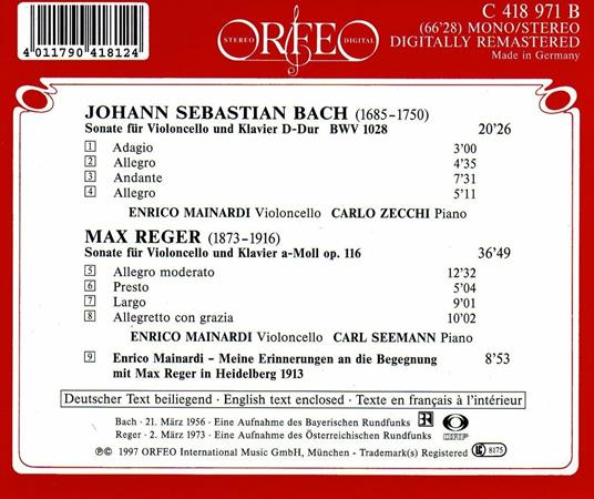 Sonata BWV1028 / Sonata op.116 - CD Audio di Johann Sebastian Bach,Max Reger,Enrico Mainardi - 2