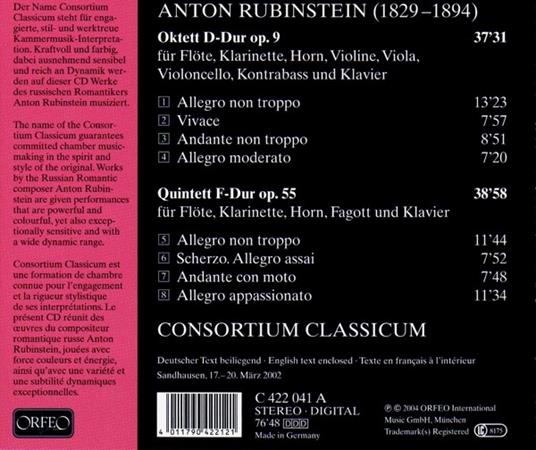 Ottetto op.9 - Quintetto op.55 - CD Audio di Anton Rubinstein,Consortium Classicum,Thomas Duis - 2