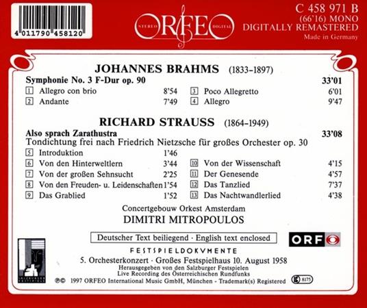 Sinfonia n.3 / Also Sprach Zarathustra - CD Audio di Johannes Brahms,Richard Strauss,Dimitri Mitropoulos - 2