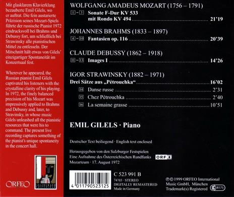 Sonata per pianoforte n.15 / Fantasia op.116 - CD Audio di Johannes Brahms,Claude Debussy,Wolfgang Amadeus Mozart,Igor Stravinsky,Emil Gilels - 2