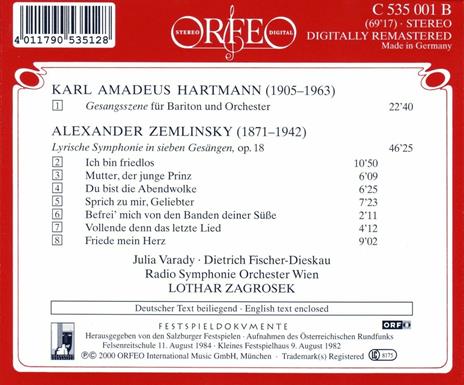 Sifnonia lirica op.18 / Gesangsszene - CD Audio di Alexander Von Zemlinsky,Karl Amadeus Hartmann,Julia Varady,Lothar Zagrosek,Radio Symphony Orchestra Vienna - 2