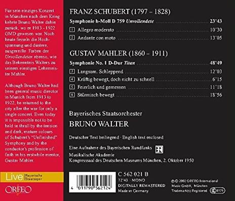 Sinfonia n.8 Incompiuta / Sinfonia n.1 Il Titano - CD Audio di Gustav Mahler,Franz Schubert,Bruno Walter,Orchestra dell'Opera di Stato Bavarese - 2