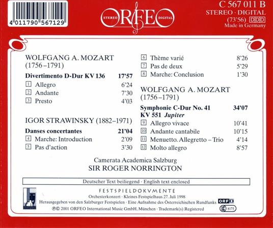 Divertimento K136 - Sinfonia n.41 Jupiter / Danses concertantes - CD Audio di Wolfgang Amadeus Mozart,Igor Stravinsky,Roger Norrington,Camerata Academica Salzburg - 2