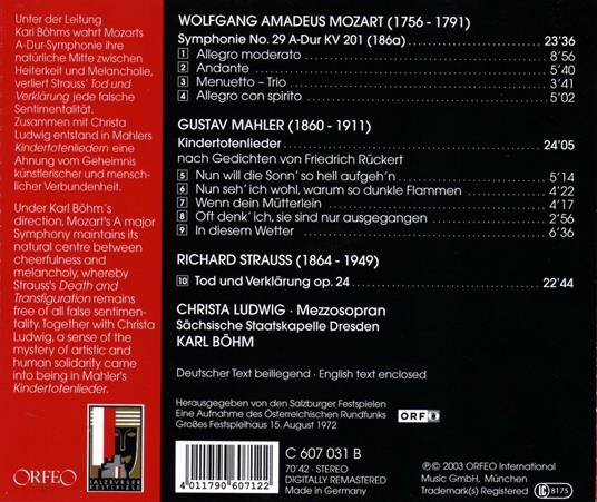 Sinfonia n.29 / Kindertotenlieder / Tod und Verklarung op.24 - CD Audio di Gustav Mahler,Wolfgang Amadeus Mozart,Richard Strauss,Christa Ludwig,Karl Böhm - 2