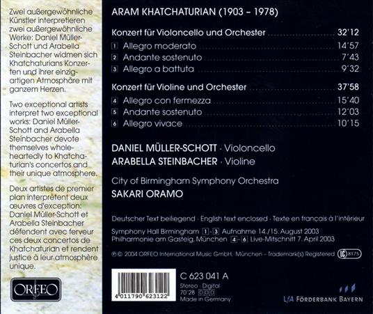 Concerto per violoncello e orchestra - Concerto per violino e orchestra - CD Audio di Aram Khachaturian,Sakari Oramo,City of Birmingham Symphony Orchestra,Daniel Müller-Schott,Arabella Steinbacher - 2