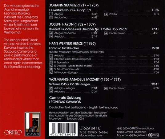 Ouverture n.9 - Concerto per violino n.1 - Fantasia - Sinfonia KV504 - CD Audio di Franz Joseph Haydn,Wolfgang Amadeus Mozart,Hans Werner Henze,Johann Stamitz,Leonidas Kavakos - 2