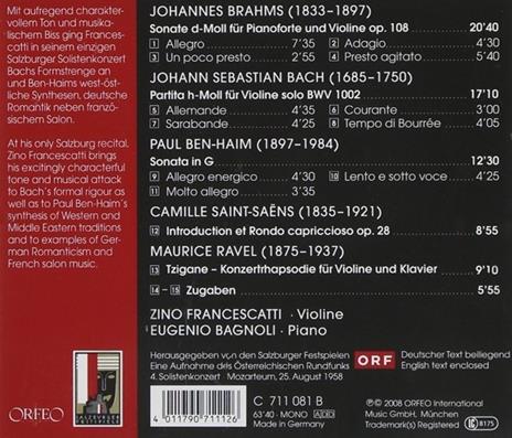 Musica per violino e pianoforte Live Recording Salzburg 1958 - CD Audio di Johann Sebastian Bach,Johannes Brahms,Camille Saint-Saëns,Zino Francescatti,Eugenio Bagnoli - 2