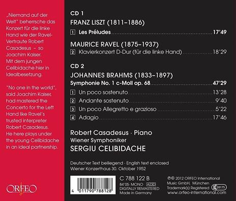 Preludi / Concerto per pianoforte / Sinfonia n.1 op.68 - CD Audio di Johannes Brahms,Franz Liszt,Maurice Ravel,Wiener Symphoniker,Robert Casadesus - 2