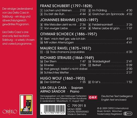 Lieder. Lisa della Casa Live Recording 1957 - CD Audio di Johannes Brahms,Maurice Ravel,Franz Schubert,Richard Strauss,Lisa Della Casa - 2
