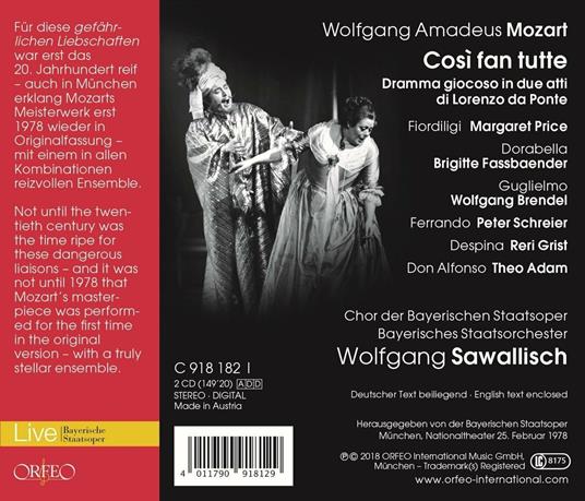 Cosi fan tutte - CD Audio di Wolfgang Amadeus Mozart,Brigitte Fassbaender,Peter Schreier,Margaret Price,Orchestra dell'Opera di Stato Bavarese - 2