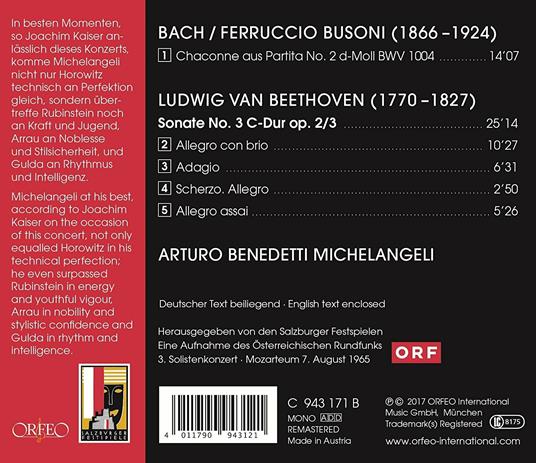 Ciaccona / Sonata per pianoforte n.3 - CD Audio di Johann Sebastian Bach,Ludwig van Beethoven,Ferruccio Busoni,Arturo Benedetti Michelangeli - 2