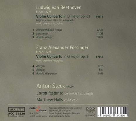 Concerti per violino - CD Audio di Ludwig van Beethoven,Franz Alexander Possinger,Matthew Halls,Anton Steck,L' Arpa Festante - 2