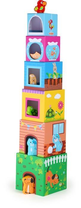 6 Cubi in cartone con animaletti in legno