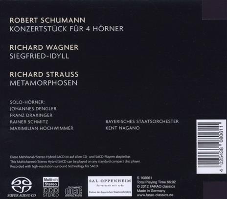 Konzertstück per 4 corni e orchestra / Metamorfosi sinfoniche / Idillio di Sigfrido - SuperAudio CD ibrido di Robert Schumann,Richard Strauss,Richard Wagner,Kent Nagano - 2