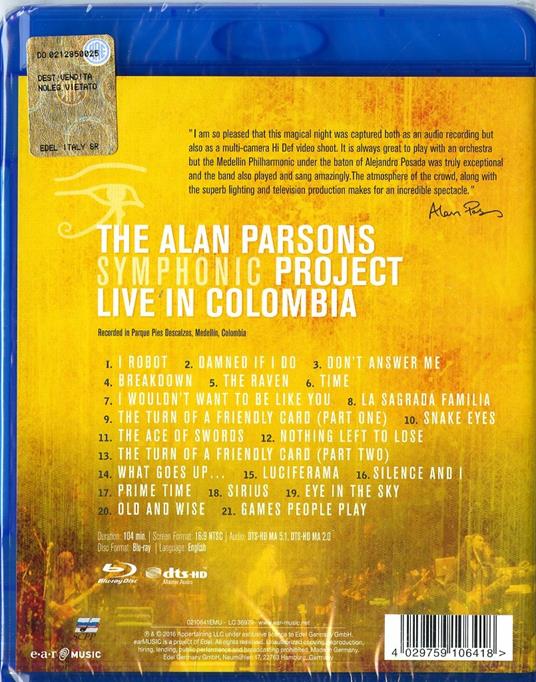 The Alan Parsons Symphonic Project. Live in Colombia (Blu-ray) - Blu-ray di Alan Parsons Project - 2