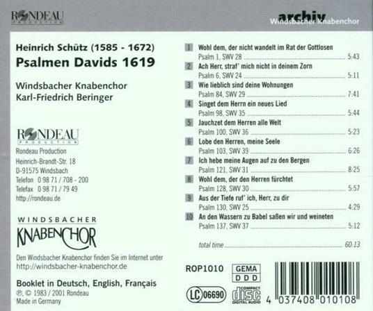 Salmi di Davide Swv 22-47 Op.2 - CD Audio di Heinrich Schütz,Karl-Friedrich Beringer - 2
