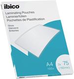 Ibico Basics Confezione da 100 Buste per Plastificazione a Caldo, Leggere, con Finitura Lucida, in Formato A4, Spessore di 2 x 75 Micron, 216 mm x 303 mm x 2 mm, Trasparente