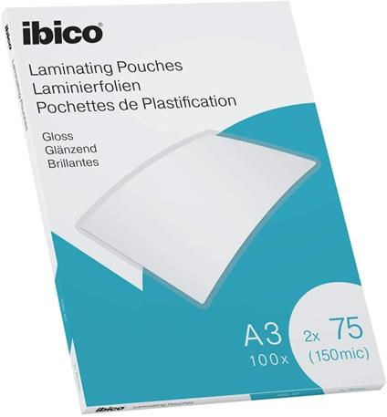 Ibico Basics Confezione da 100 Buste per Plastificazione a Caldo, Leggere, con Finitura Lucida, in Formato A3, Spessore di 2 x 75 Micron, 303 mm x 426 mm x 2 mm, Trasparente