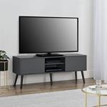 Mobile Porta TV con 2 Armadietti e 2 Scomparti Aperti 120 x 29,5 x 46,5 cm Supporto TV con Passaggio Cavi Tavolino Consolle con 2 Ante e Ripiani - Piedi in Legno Massiccio - Grigio Scuro