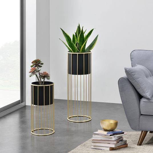 Set Di 2 Porta Piante Con Vasi Di Diverse Dimensioni In Metallo Nero Helloshop26