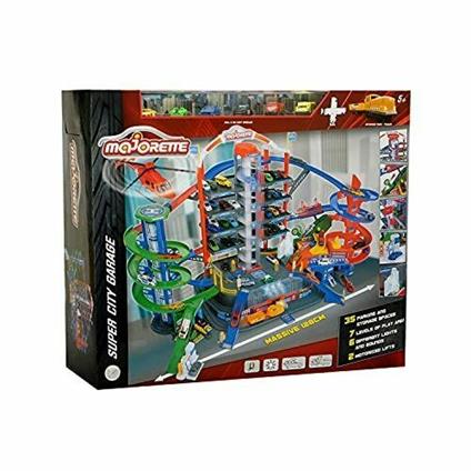 Majorette - Super City Garage, 212059989, +5 Anni, Garage su 7 Livelli, 2 Ascensori Motorizzati, 6 Veicoli in Metallo, 1 Treno a Batteria