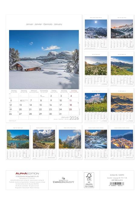 ALPHA EDITION - Calendario 2026 da muro, 12 mesi, 23,7x34 cm, The Alps - 2