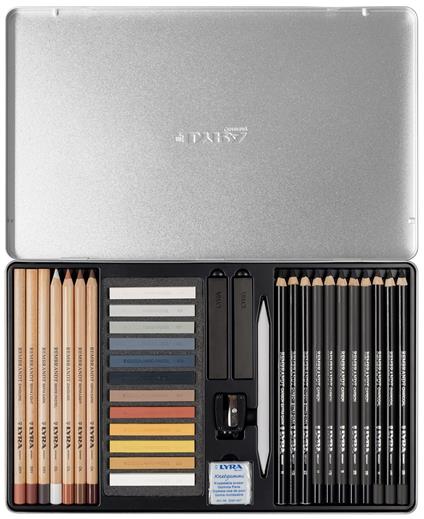 Set per schizzo Lyra Rembrandt Sketching Set. Scatola in metallo 18, 12 pastelli e accessori