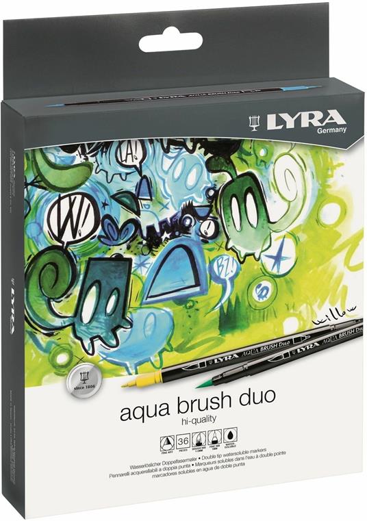 Pennarelli doppia punta Lyra Aqua Brush Duo. Confezione in cartone 36 colori