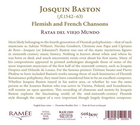 Baston Flemish and French Chansons - CD Audio di Ratas del viejo Mundo,Josquin Baston - 2