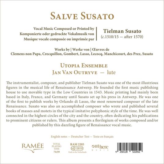 Salve Susato - CD Audio di Orlando Di Lasso,Utopia Ensemble - 2