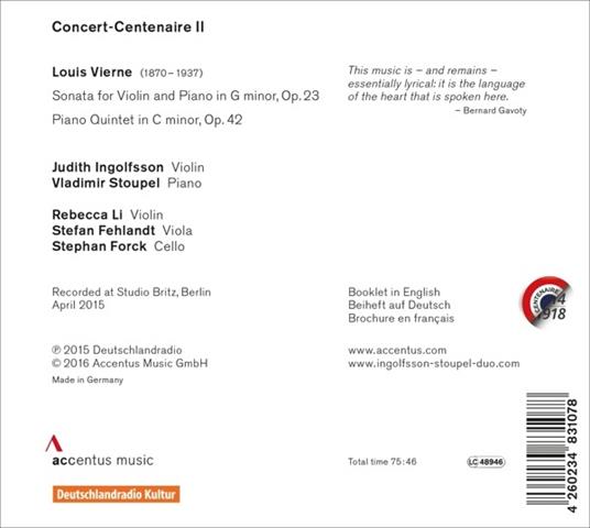 Sonata per violino op.23 - Quintetto per archi - CD Audio di Louis Vierne - 2
