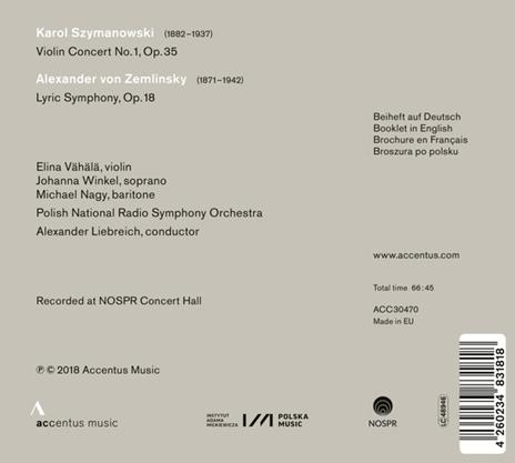 Concerto per violino op.35 - Lyric Symphony - CD Audio di Karol Szymanowski,Alexander Von Zemlinsky,Polish National Radio Symphony Orchestra - 2