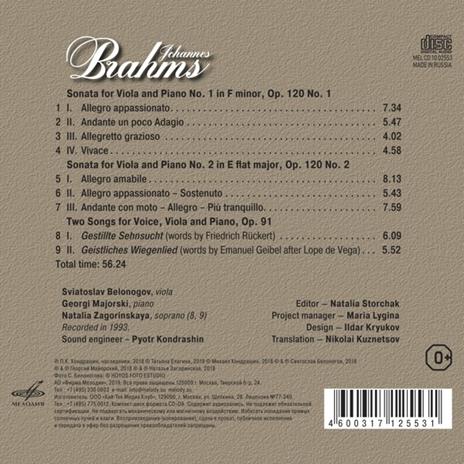 Viola Sonatas Op.120, Two Songs Op.91 - CD Audio di Johannes Brahms - 2