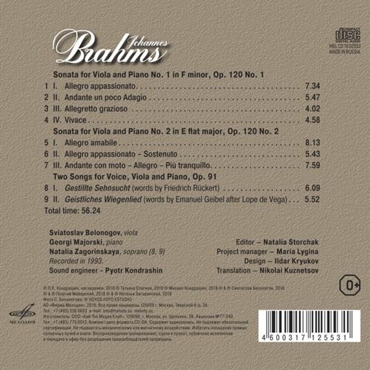 Viola Sonatas Op.120, Two Songs Op.91 - CD Audio di Johannes Brahms - 2