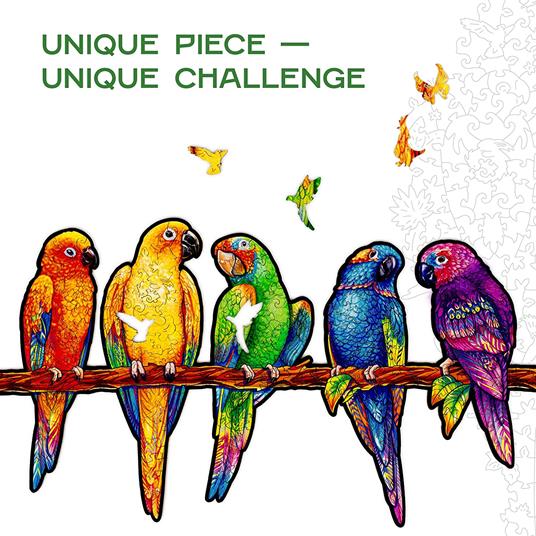 UNIDRAGON - Puzzle in legno, ideale come regalo per adulti e bambini, forma unica, pappagalli giocosi, 49 x 27 cm, 291 pezzi - 2