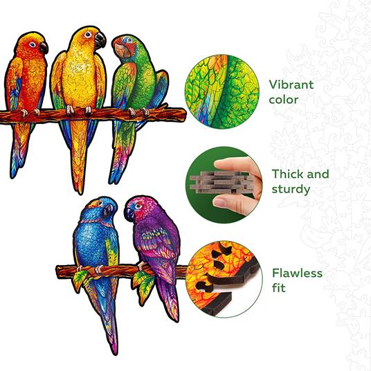 UNIDRAGON - Puzzle in legno, ideale come regalo per adulti e bambini, forma unica, pappagalli giocosi, 49 x 27 cm, 291 pezzi - 4