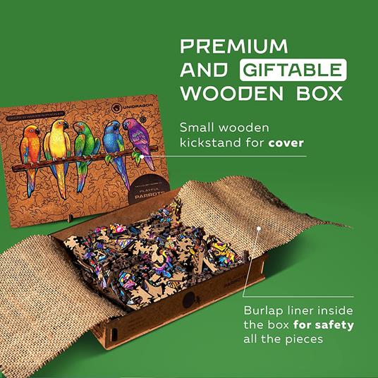 UNIDRAGON - Puzzle in legno, ideale come regalo per adulti e bambini, forma unica, pappagalli giocosi, 49 x 27 cm, 291 pezzi - 6