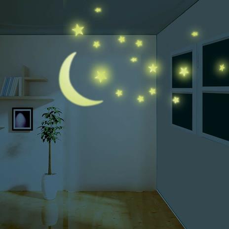 Luna Grande E 12 Stelle Che Splendono Al Buio Fluorescenti Soffitto Parete Casa - 15
