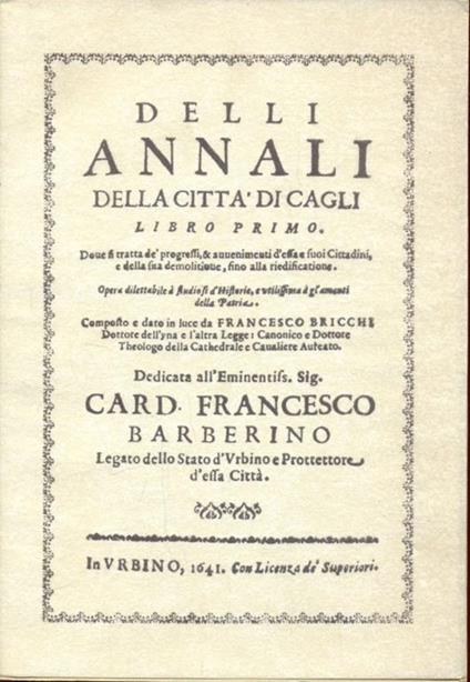 Delli annali della città di Cagli. Libro primo - copertina