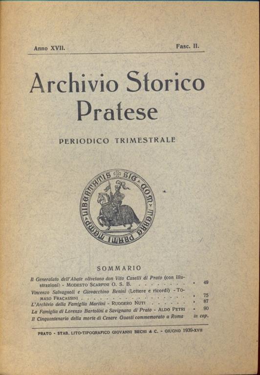 Archivio storico pratese fasc. II - copertina