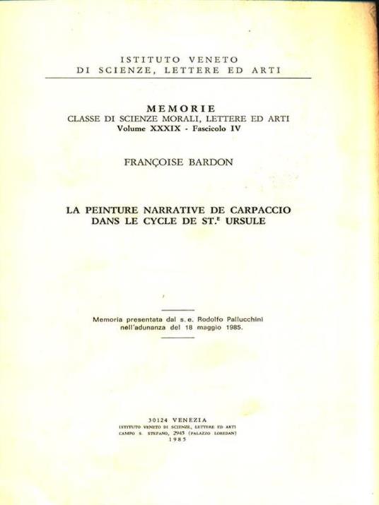 La peinture narrative de Carpaccio dans le cycle de St.Ursule - Françoise Bardon - copertina