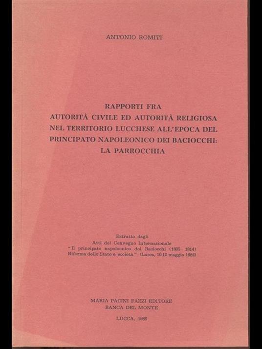 Rapporti fra Autorità civile ed religiosa nel territorio lucchese - A. Romiti - copertina