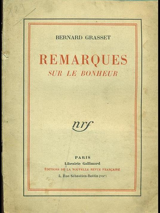 Remarques sur le bonheure - Bernard Grasset - copertina
