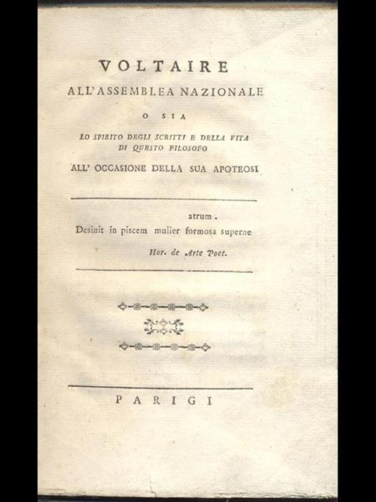 Voltaire all'assemblea Nazionale o sia lo spiro degli scritti e della vita di questo filosofo - copertina
