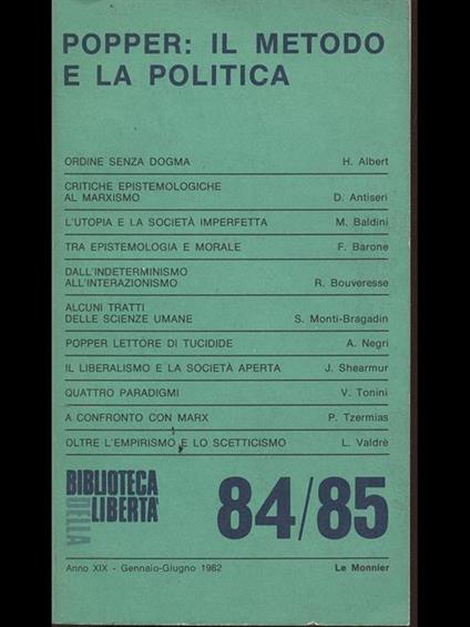 Biblioteca della libertà. Popper: il metodo e la politica numero 84/ 85 - copertina