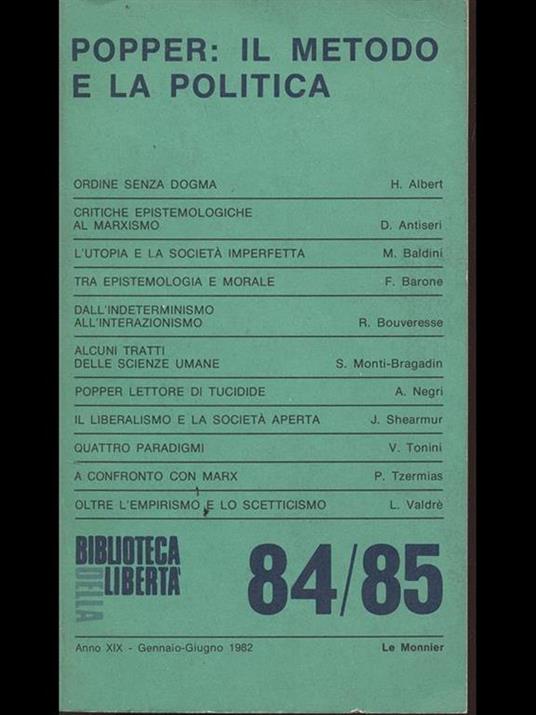 Biblioteca della libertà. Popper: il metodo e la politica numero 84/ 85 - copertina