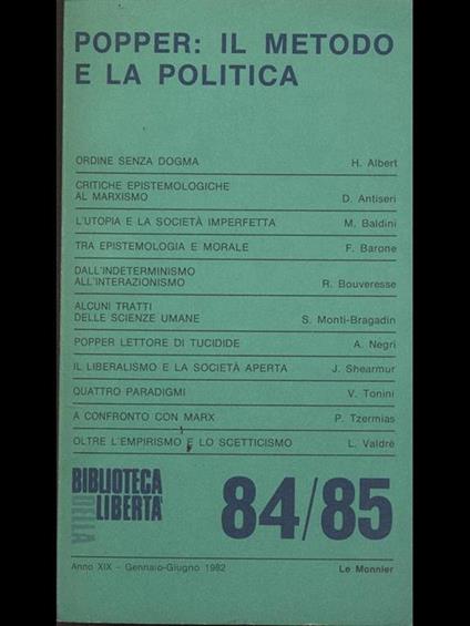 Biblioteca della libertà. Popper: il metodo e la politica numero 84/85 - copertina