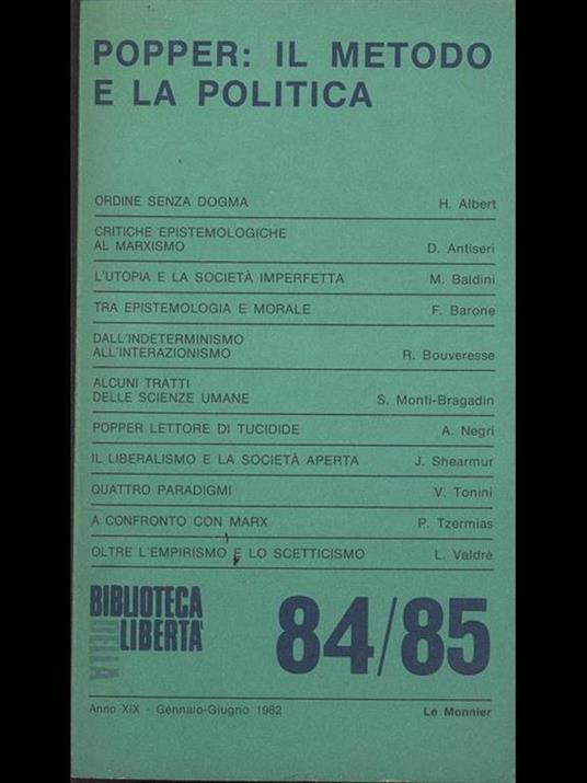 Biblioteca della libertà. Popper: il metodo e la politica numero 84/85 - copertina